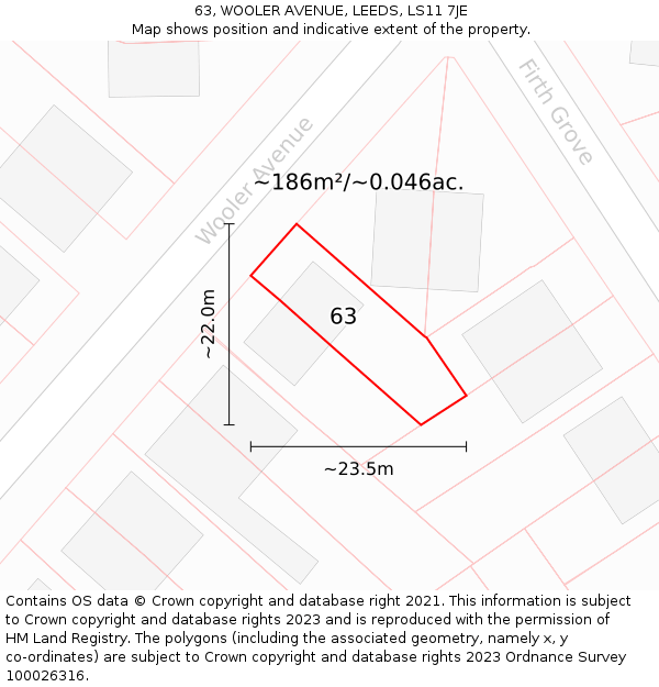 63, WOOLER AVENUE, LEEDS, LS11 7JE: Plot and title map