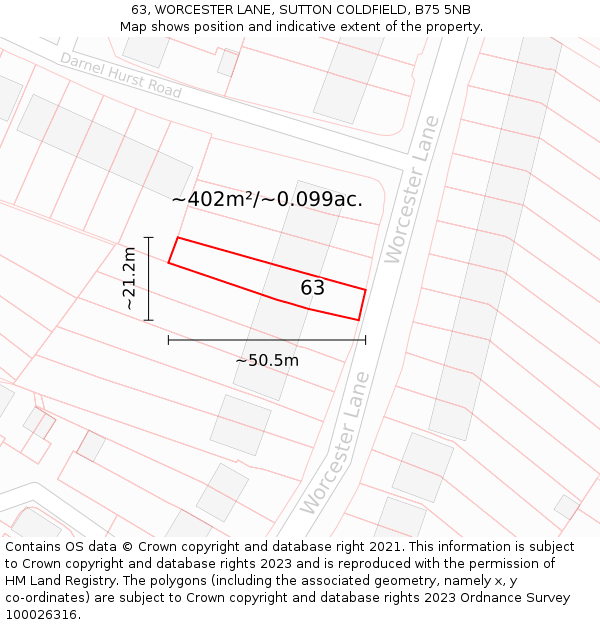 63, WORCESTER LANE, SUTTON COLDFIELD, B75 5NB: Plot and title map