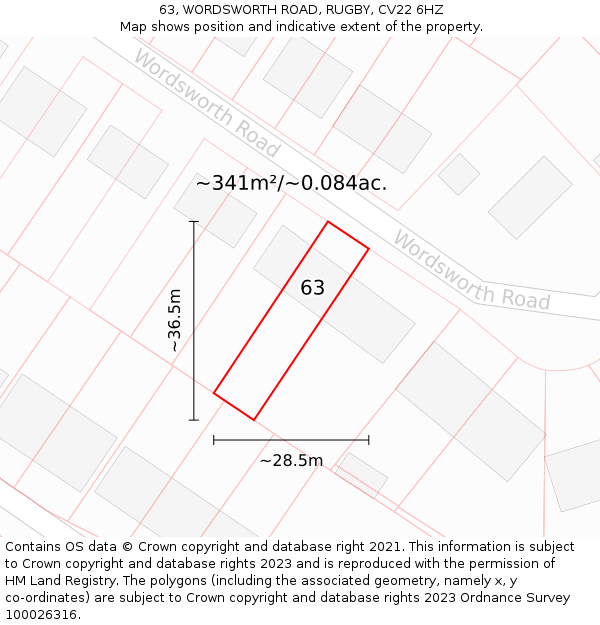 63, WORDSWORTH ROAD, RUGBY, CV22 6HZ: Plot and title map