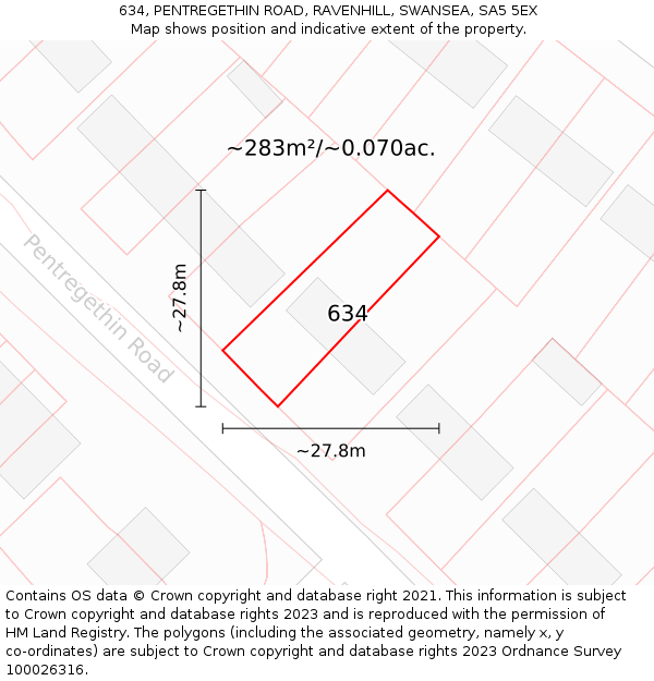 634, PENTREGETHIN ROAD, RAVENHILL, SWANSEA, SA5 5EX: Plot and title map