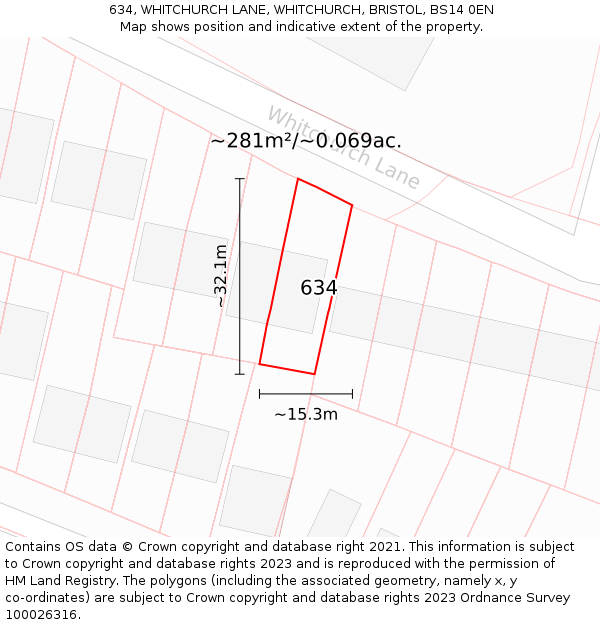 634, WHITCHURCH LANE, WHITCHURCH, BRISTOL, BS14 0EN: Plot and title map