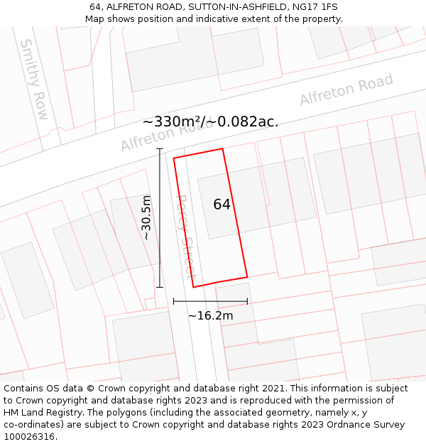 64, ALFRETON ROAD, SUTTON-IN-ASHFIELD, NG17 1FS: Plot and title map