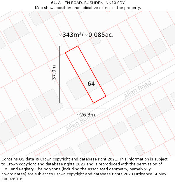 64, ALLEN ROAD, RUSHDEN, NN10 0DY: Plot and title map