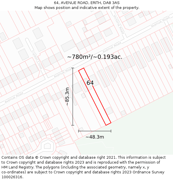 64, AVENUE ROAD, ERITH, DA8 3AS: Plot and title map