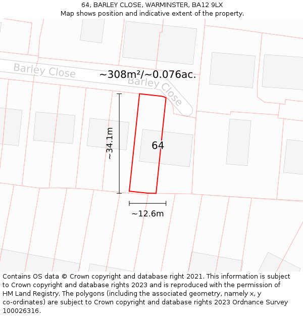 64, BARLEY CLOSE, WARMINSTER, BA12 9LX: Plot and title map
