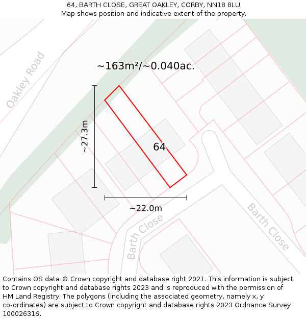 64, BARTH CLOSE, GREAT OAKLEY, CORBY, NN18 8LU: Plot and title map
