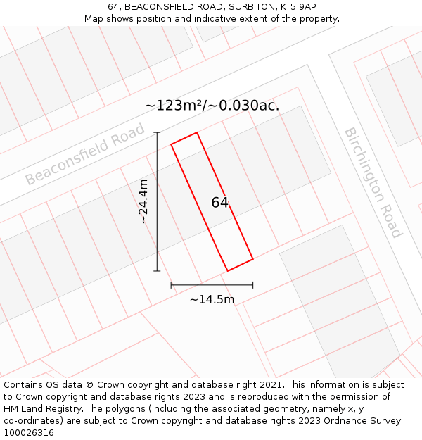 64, BEACONSFIELD ROAD, SURBITON, KT5 9AP: Plot and title map