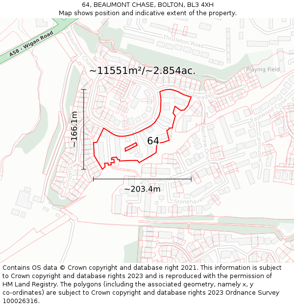 64, BEAUMONT CHASE, BOLTON, BL3 4XH: Plot and title map