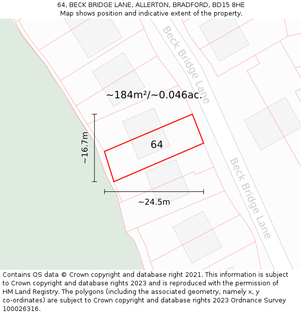 64, BECK BRIDGE LANE, ALLERTON, BRADFORD, BD15 8HE: Plot and title map