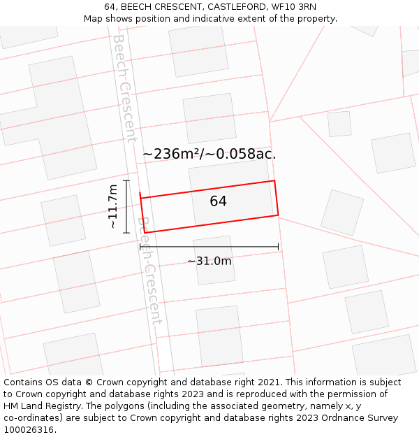 64, BEECH CRESCENT, CASTLEFORD, WF10 3RN: Plot and title map