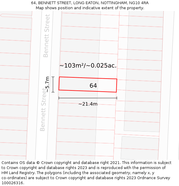 64, BENNETT STREET, LONG EATON, NOTTINGHAM, NG10 4RA: Plot and title map