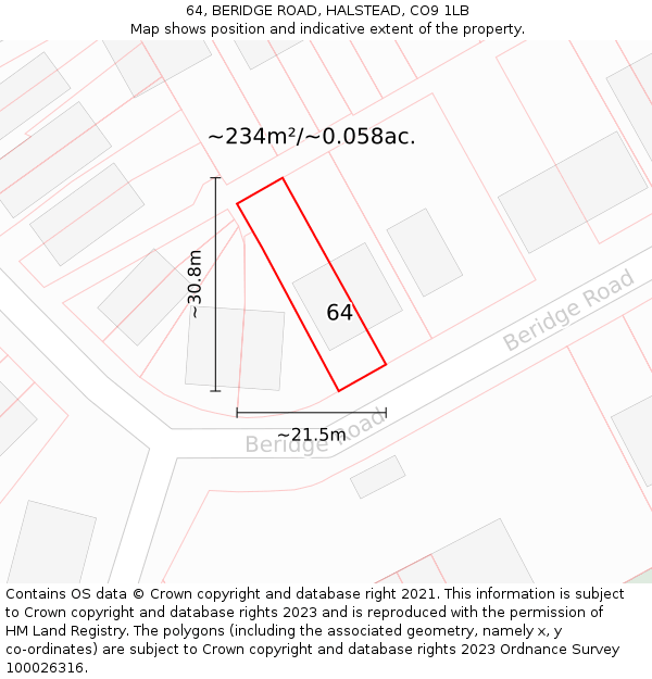 64, BERIDGE ROAD, HALSTEAD, CO9 1LB: Plot and title map