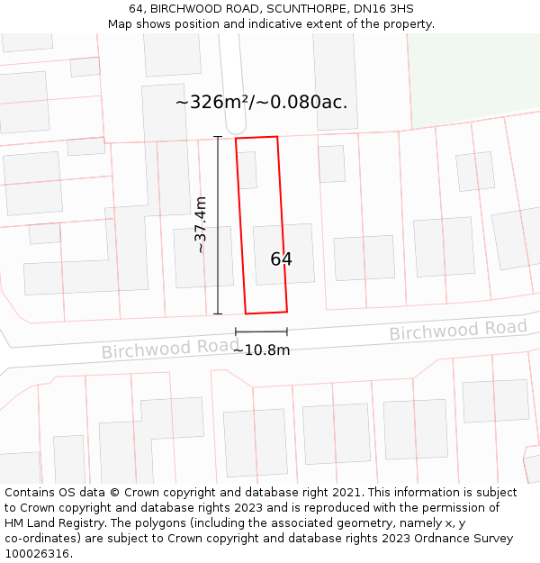 64, BIRCHWOOD ROAD, SCUNTHORPE, DN16 3HS: Plot and title map