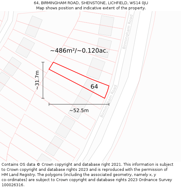 64, BIRMINGHAM ROAD, SHENSTONE, LICHFIELD, WS14 0JU: Plot and title map