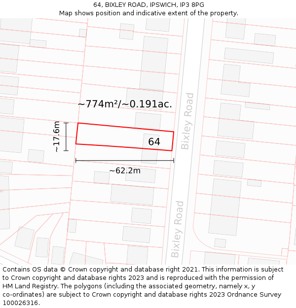 64, BIXLEY ROAD, IPSWICH, IP3 8PG: Plot and title map