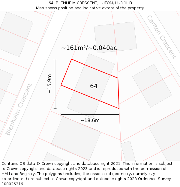 64, BLENHEIM CRESCENT, LUTON, LU3 1HB: Plot and title map