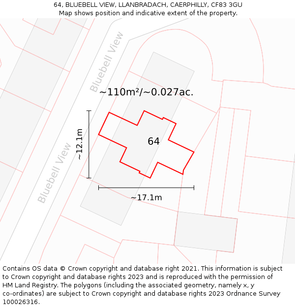 64, BLUEBELL VIEW, LLANBRADACH, CAERPHILLY, CF83 3GU: Plot and title map