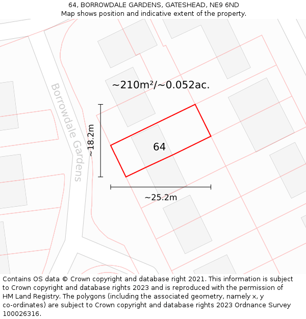 64, BORROWDALE GARDENS, GATESHEAD, NE9 6ND: Plot and title map