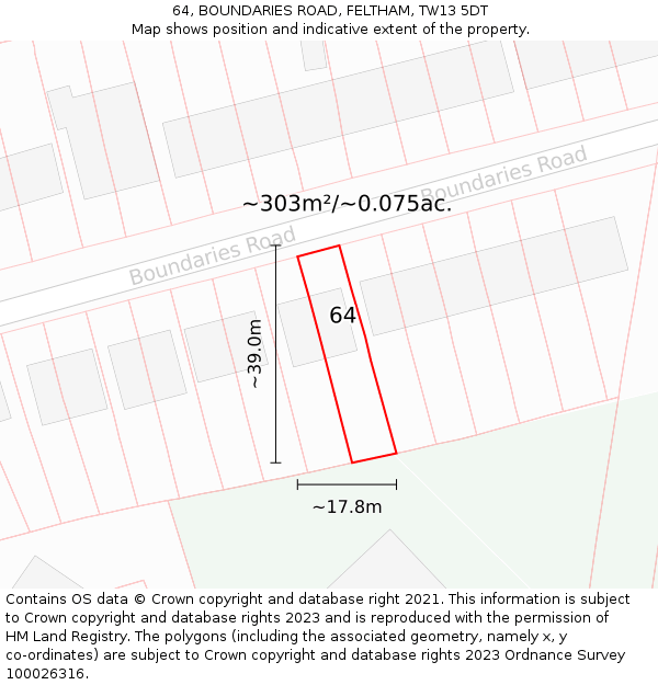 64, BOUNDARIES ROAD, FELTHAM, TW13 5DT: Plot and title map