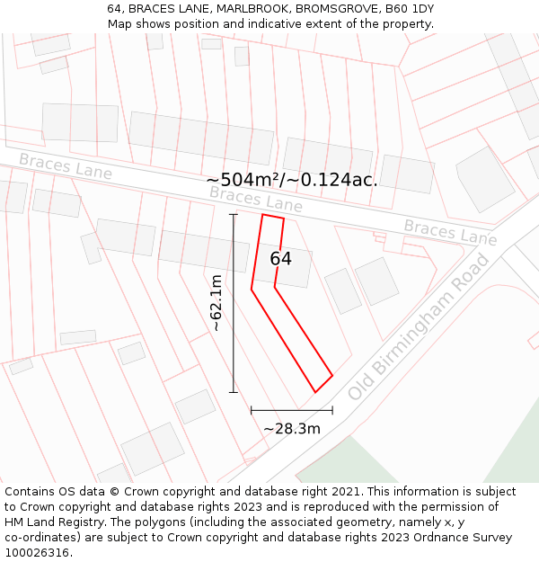 64, BRACES LANE, MARLBROOK, BROMSGROVE, B60 1DY: Plot and title map