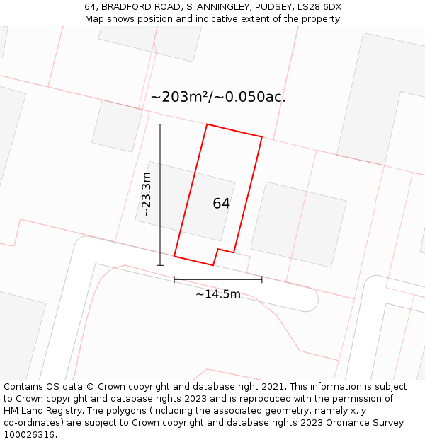 64, BRADFORD ROAD, STANNINGLEY, PUDSEY, LS28 6DX: Plot and title map