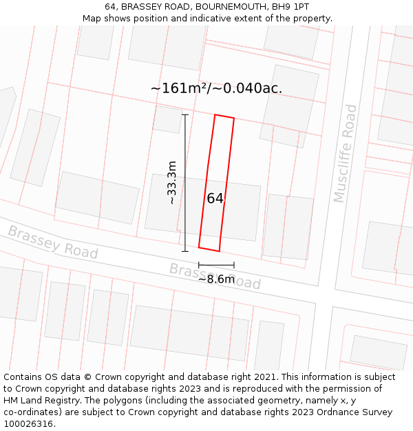 64, BRASSEY ROAD, BOURNEMOUTH, BH9 1PT: Plot and title map
