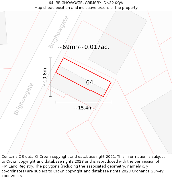 64, BRIGHOWGATE, GRIMSBY, DN32 0QW: Plot and title map