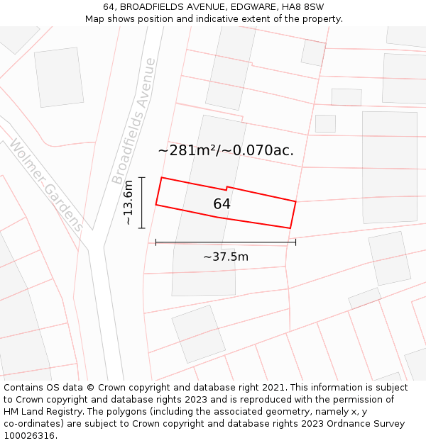 64, BROADFIELDS AVENUE, EDGWARE, HA8 8SW: Plot and title map