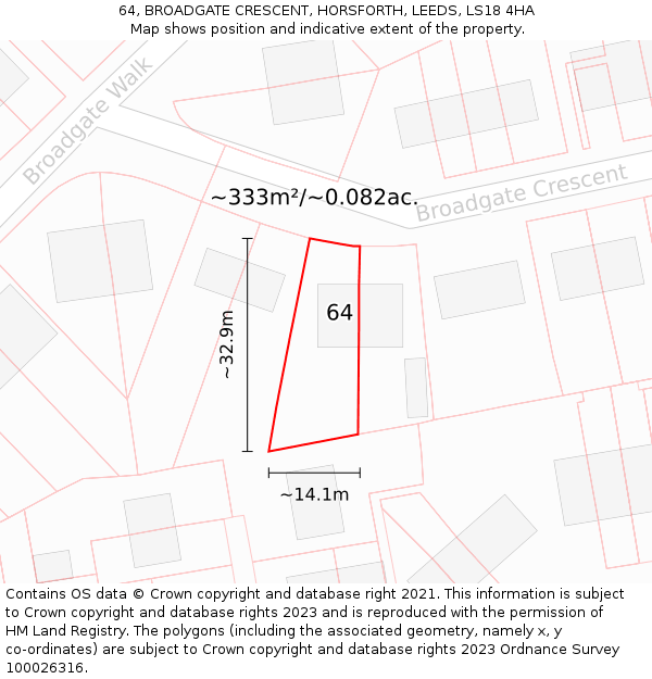 64, BROADGATE CRESCENT, HORSFORTH, LEEDS, LS18 4HA: Plot and title map