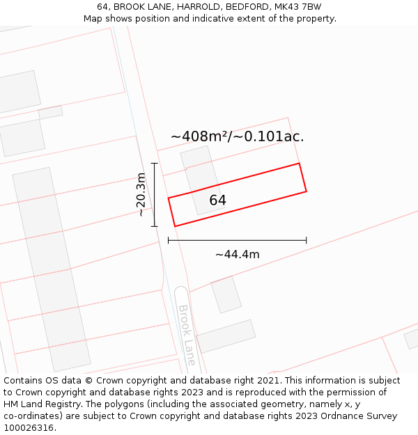 64, BROOK LANE, HARROLD, BEDFORD, MK43 7BW: Plot and title map