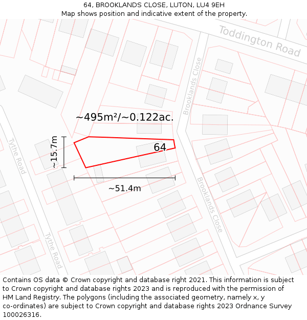 64, BROOKLANDS CLOSE, LUTON, LU4 9EH: Plot and title map