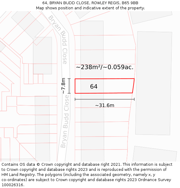 64, BRYAN BUDD CLOSE, ROWLEY REGIS, B65 9BB: Plot and title map