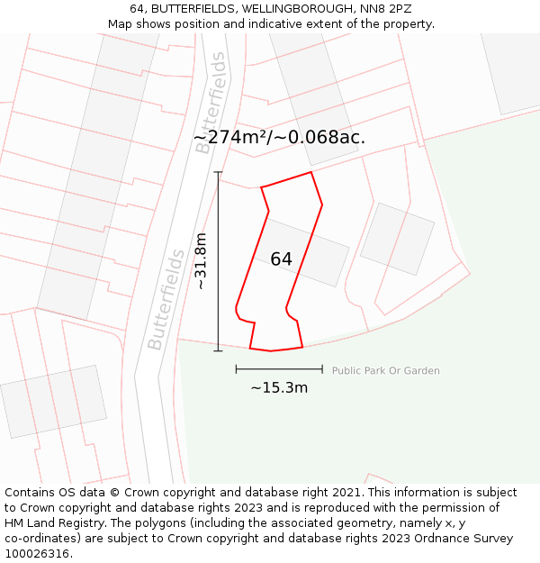64, BUTTERFIELDS, WELLINGBOROUGH, NN8 2PZ: Plot and title map