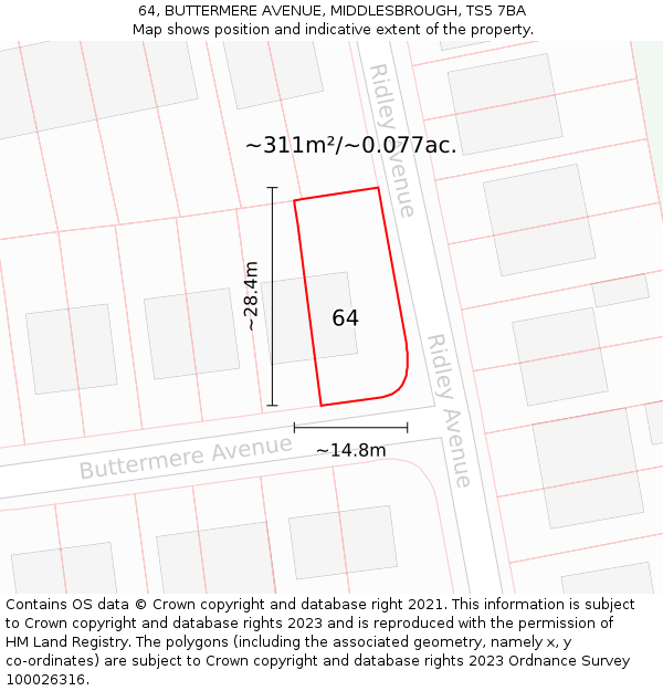 64, BUTTERMERE AVENUE, MIDDLESBROUGH, TS5 7BA: Plot and title map