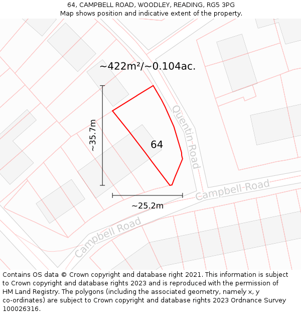 64, CAMPBELL ROAD, WOODLEY, READING, RG5 3PG: Plot and title map