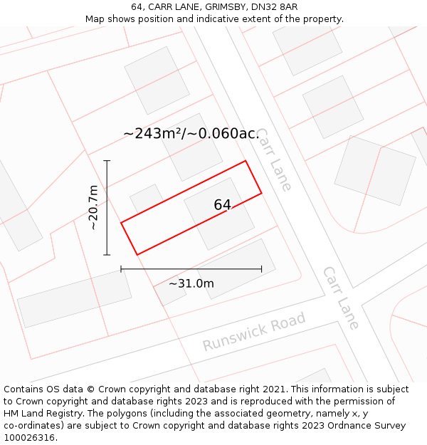 64, CARR LANE, GRIMSBY, DN32 8AR: Plot and title map