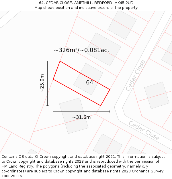 64, CEDAR CLOSE, AMPTHILL, BEDFORD, MK45 2UD: Plot and title map