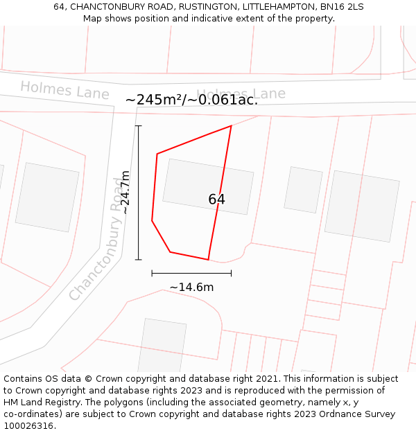 64, CHANCTONBURY ROAD, RUSTINGTON, LITTLEHAMPTON, BN16 2LS: Plot and title map