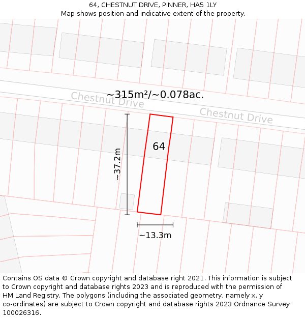 64, CHESTNUT DRIVE, PINNER, HA5 1LY: Plot and title map