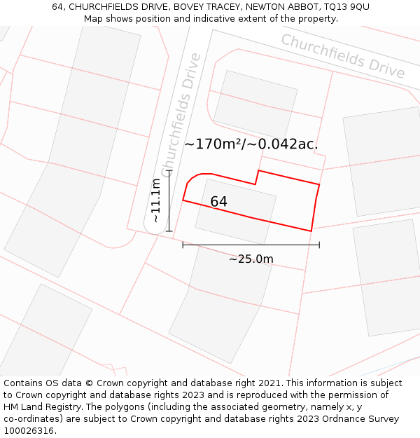 64, CHURCHFIELDS DRIVE, BOVEY TRACEY, NEWTON ABBOT, TQ13 9QU: Plot and title map