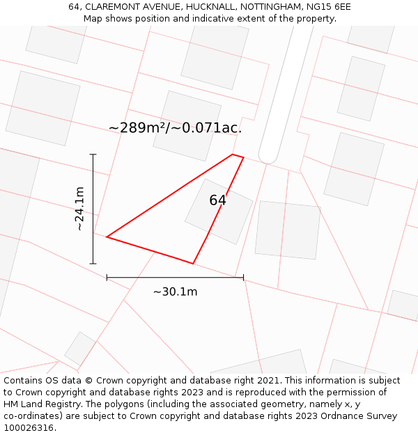 64, CLAREMONT AVENUE, HUCKNALL, NOTTINGHAM, NG15 6EE: Plot and title map