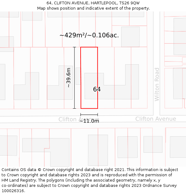 64, CLIFTON AVENUE, HARTLEPOOL, TS26 9QW: Plot and title map