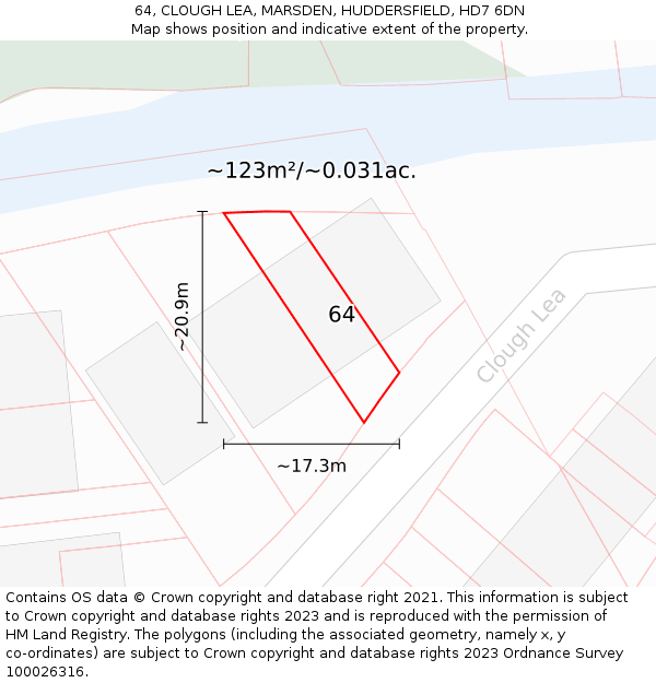 64, CLOUGH LEA, MARSDEN, HUDDERSFIELD, HD7 6DN: Plot and title map