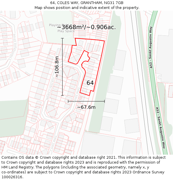 64, COLES WAY, GRANTHAM, NG31 7GB: Plot and title map