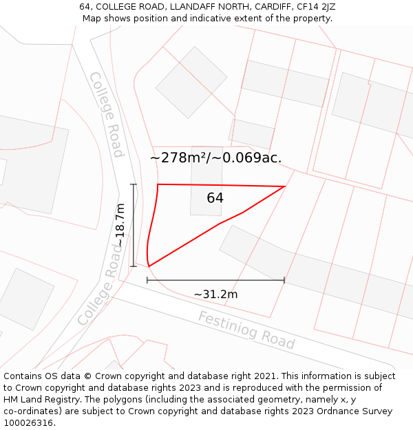 64, COLLEGE ROAD, LLANDAFF NORTH, CARDIFF, CF14 2JZ: Plot and title map