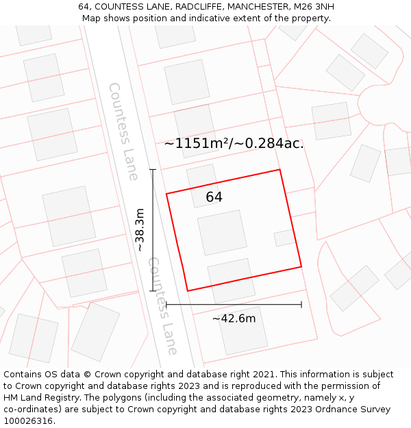 64, COUNTESS LANE, RADCLIFFE, MANCHESTER, M26 3NH: Plot and title map