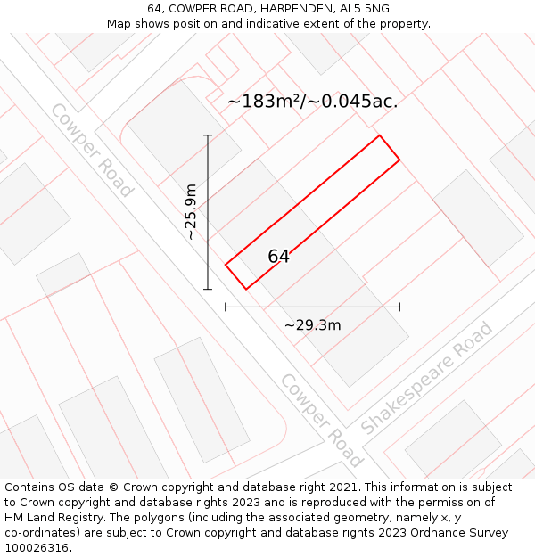 64, COWPER ROAD, HARPENDEN, AL5 5NG: Plot and title map