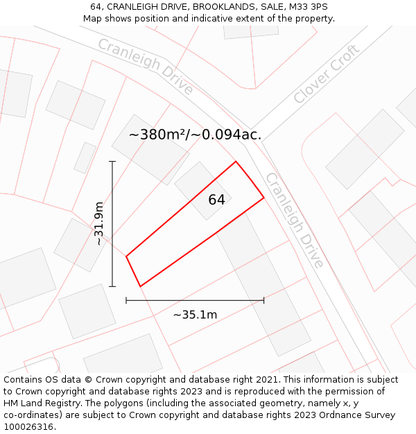 64, CRANLEIGH DRIVE, BROOKLANDS, SALE, M33 3PS: Plot and title map