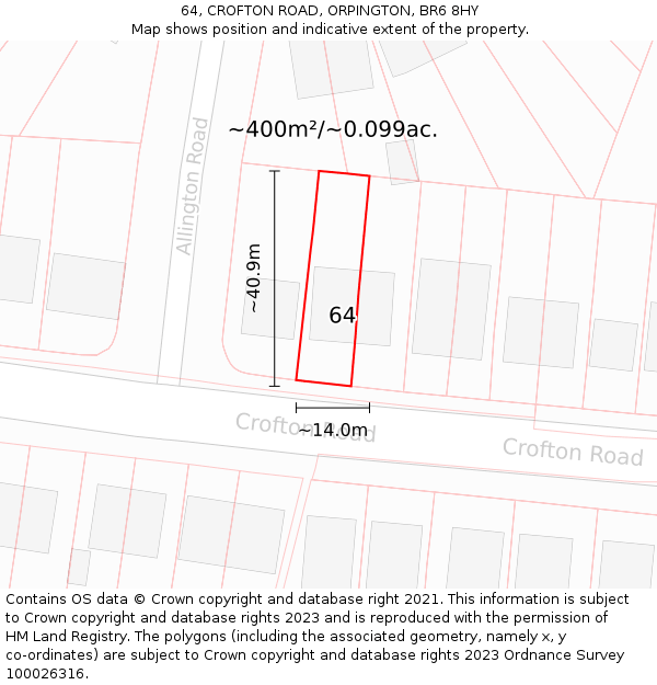 64, CROFTON ROAD, ORPINGTON, BR6 8HY: Plot and title map