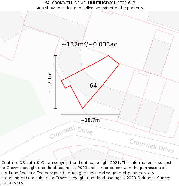 64, CROMWELL DRIVE, HUNTINGDON, PE29 6LB: Plot and title map